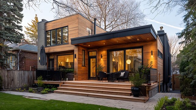 Modern house with patio and deck in backyard, contemporary home exterior, architectural photography showing design, modern interior and outdoor decor, concrete floor, wooden terrace, garden plants, mi