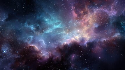 Naklejka premium Vast cosmic nebula with swirling blues, purples, pinks, and yellows and a field of stars