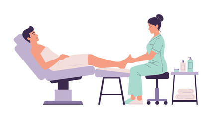 Man receiving a relaxing foot massage and pedicure treatment from a professional spa technician