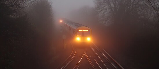 Eerie Train Emerges Through Dense Fog, Illuminated by Golden Headlights