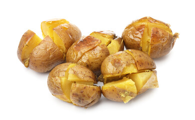 Many tasty baked potatoes isolated on white