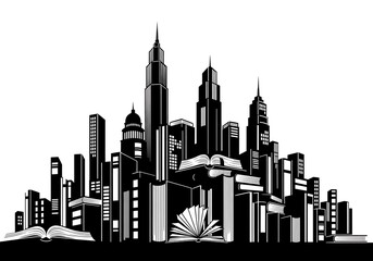 Symbolic black and white illustration of a city skyline built from books, representing knowledge, education, and the foundation of society