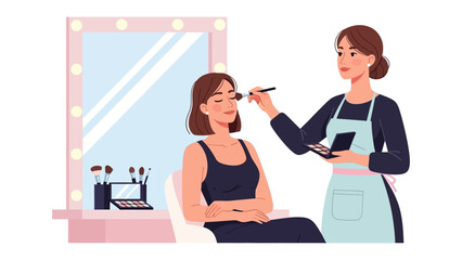 Professional makeup artist applying cosmetics to a client in a well lit vanity room setting