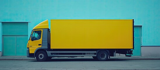 Bold Yellow Delivery Truck in Profile Against a Minimalist Teal Wall