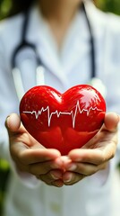 Doctor's Hands Holding Red Heart with ECG Line, Healthcare Concept