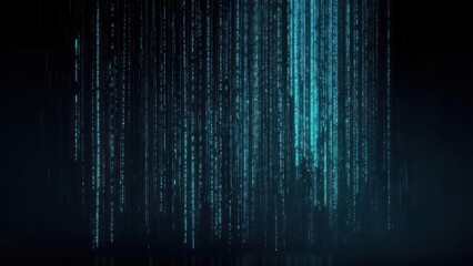 Abstract digital rain of teal glowing characters cascading down a dark background