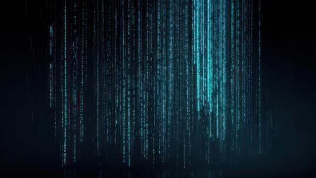 Abstract digital rain of teal glowing characters cascading down a dark background