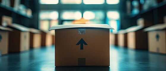 Solitary Cardboard Box with Up Arrow in a Cinematic Warehouse Setting