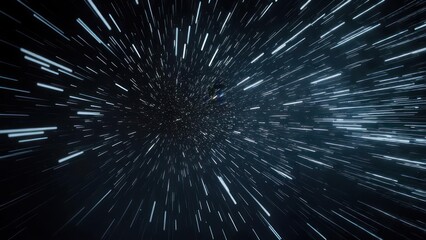 Abstract depiction of rapid movement through space, with streaks of light radiating from a central point