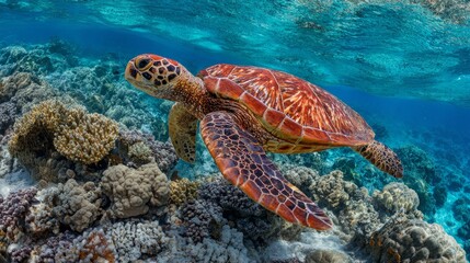 Obraz premium Vibrant underwater scene featuring a colorful sea turtle swimming over coral reef with diverse marine life showcasing marine biodiversity and ocean habitat