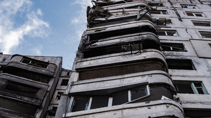 ruined street and destroyed houses in Kiev war in Ukraine