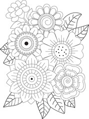 Relaxing floral bouquet coloring page for adults and children detailed outline art white background
