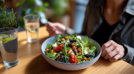 Creating a vibrant chickpea and tomato salad indoors fresh ingredients cozy atmosphere close-up culinary delight