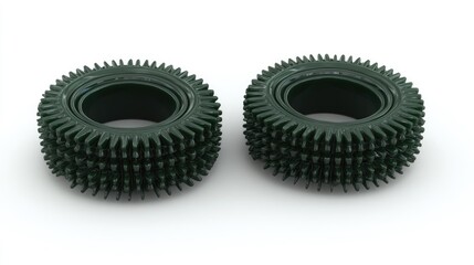 Intricate Pair of Dark Green Spiked Industrial Rollers on a White Background