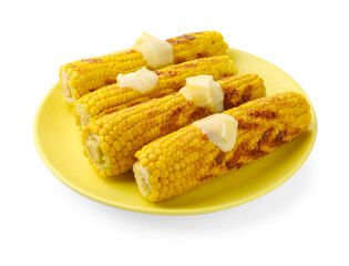 Tasty grilled corncobs with sauce isolated on white
