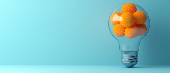 Conceptual Light Bulb Filled with Textured Orange Spheres on a Soft Blue Background