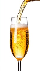 Dynamic Golden Sparkling Liquid Pouring into Elegant Champagne Flute, Creating Effervescent Bubbles on White Background