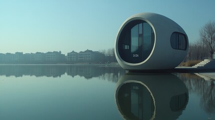 Futuristic Egg-Shaped Pod 2026 Perfectly Reflected in a Tranquil, Hazy Lake