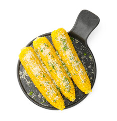 Tasty grilled corncobs with parsley and cheese isolated on white, top view