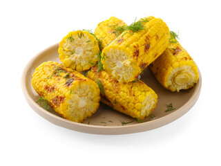 Pieces of tasty grilled corncobs with dill isolated on white