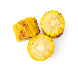 Pieces of tasty grilled corncobs isolated on white, top view