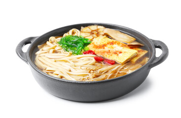 Tasty ramen with enoki and king oyster (eryngii) mushrooms isolated on white