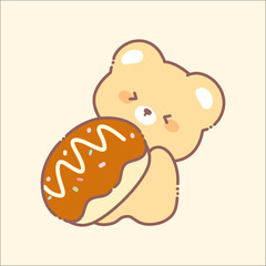 A cute cartoon bear illustration pushing a loaf of bread