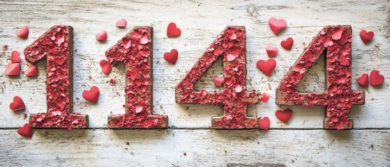 Valentine's Day: Rustic Wooden Numbers "144" Adorned with Red Hearts on Weathered White Wood