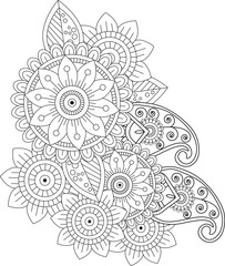 Intricate floral mandala coloring page for relaxing adults and creative mindfulness activities white background