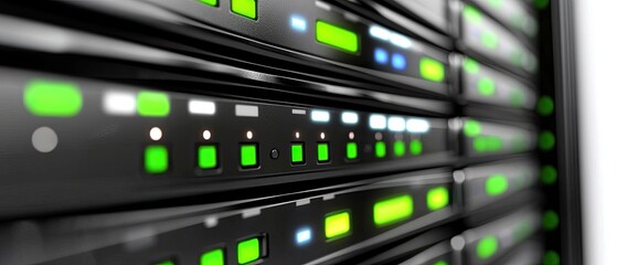 Vibrant Green and White LEDs Pulsing on a Modern Data Center Server Rack