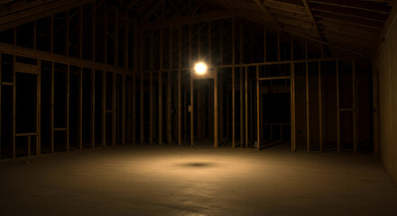 Dimly lit unfinished room with exposed wooden studs and a single bare light bulb illuminating the floor