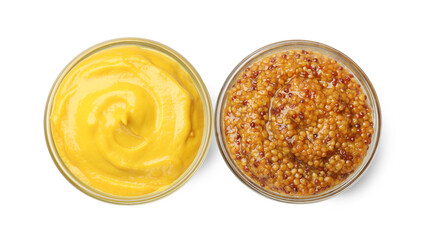Different types of mustard isolated on white, top view