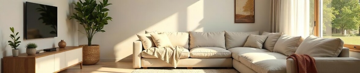 Obraz premium Serene Morning Light in Minimalist Living Room Calming Neutral Tones and Natural Textures, Perfect for Home Decor and Wellness Content