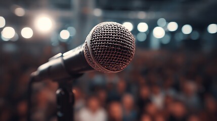 Comedy club microphone with blurred audience background web banner with left copy space
