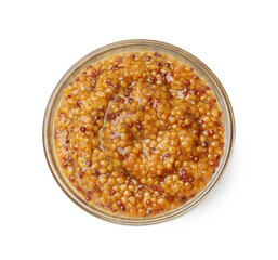 Whole grain mustard in glass bowl isolated on white, top view