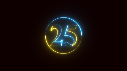 neon text number 25 countdown icon. Glowing neon sign number 25 on black background with alpha channel