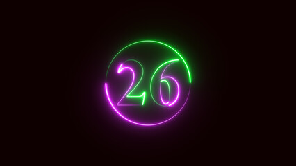 neon text number 26 countdown icon. Glowing neon sign number 26 on black background with alpha channel