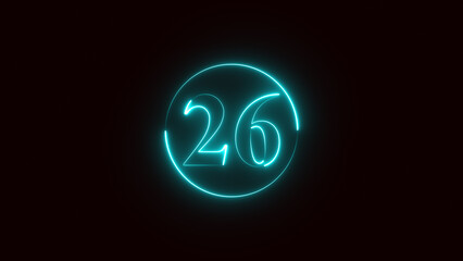neon text number 26 countdown icon. Glowing neon sign number 26 on black background with alpha channel