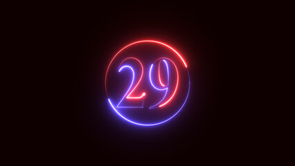 Neon text 29 number countdown icon on black background, 4k animation.