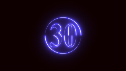 Neon Glowing Countdown Number 30 Animation, Neon Countdown 30 on black background, 4k video