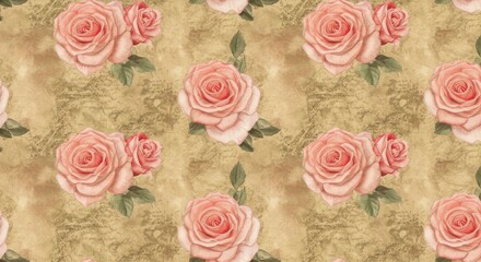 A Seamless Pattern of Delicate Pink Roses on Antique Paper
