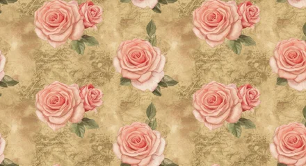 Papier peint photo Patrons A Seamless Pattern of Delicate Pink Roses on Antique Paper  © mas
