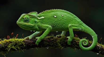 Close-up of a vibrant green Chameleon on a mossy branch, showcasing its unique skin texture and curled tail.