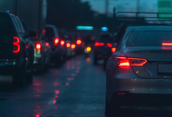 Cars stuck in a traffic jam during nighttime, with red brake lights glowing and reflecting on the wet road surface, creating an urban congestion scene.
