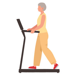 Elderly woman on treadmill. Senior lady exercising at gym. Older woman walking on treadmill machine. Retired woman doing cardio workout. Elderly set