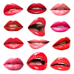 Female lips with lipsticks of different shades on white background, collage