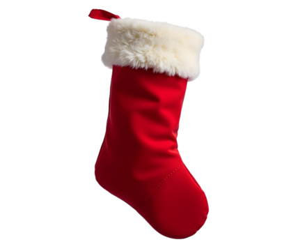 Red christmas stocking with white fur trim isolated on transparent background