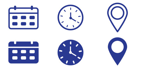 Time, date and address icon set. Calendar, clock, map pin icons. Travel concept or booking. Featuring calendar, clock, and location symbols for planning and scheduling. Editable and filled vector. 