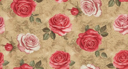 A Romantic Floral Pattern of Pink and Red Roses on Antique Paper