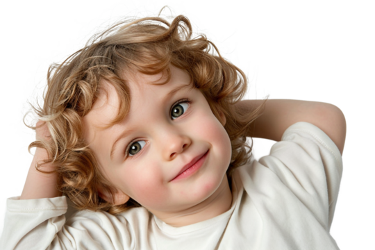 Blonde Curly Haired Child Smiling With Hands Behind Head
